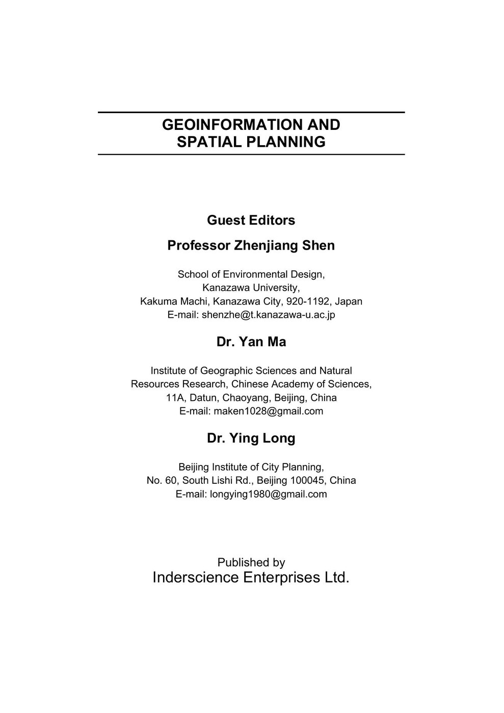 Special Issue: Geoinformation and Spatial Planning